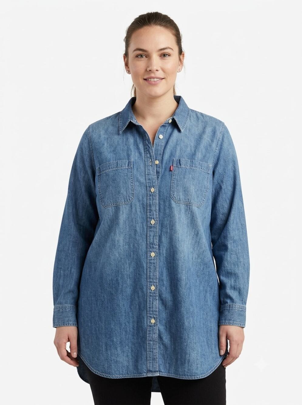 Levi's Button Up Shirt Women's 1X Plus Blue Denim Long Sleeve Pocket Front Logo